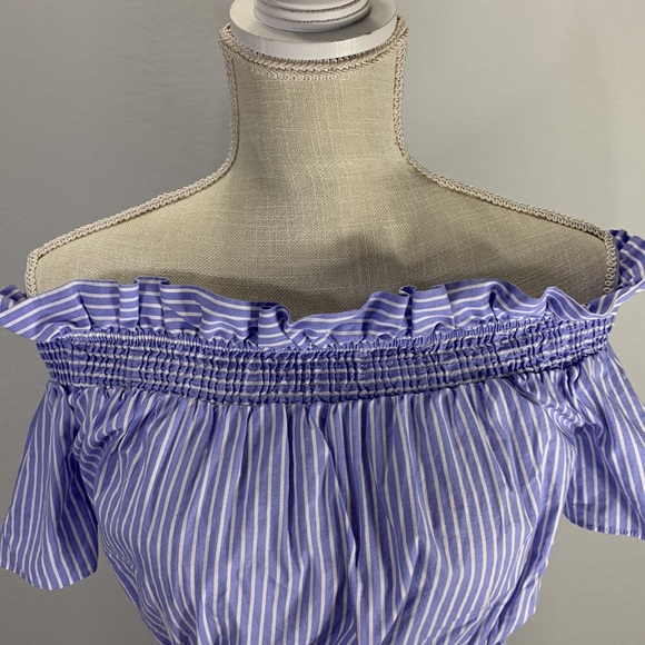 Zara Basics Striped Blue and White Off Shoulder Ruffled Crop Top Size XS - Picture 2 of 10
